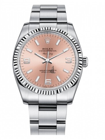Fake Rolex Air-King White Gold Fluted Bezel Salmon pink round dial 114234 PAO.