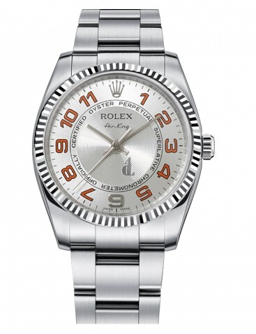 Fake Rolex Air-King White Gold Fluted Bezel Silver concentric dial 114234 SCAO.