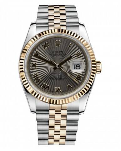 Fake Rolex Datejust 36mm Steel and Yellow Gold Grey Sunbeam Dial 116233 GSBRJ.