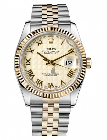 Fake Rolex Datejust 36mm Steel and Yellow Gold Ivory Pyramid Dial 116233 IPRJ.