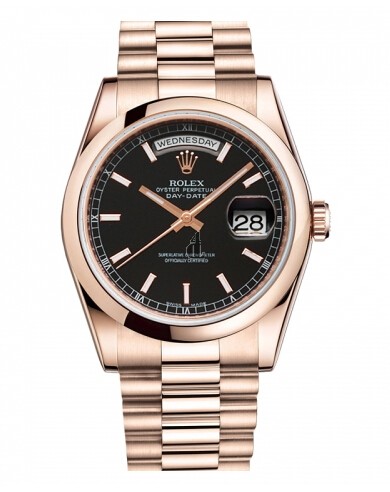 Fake Rolex Day Date Pink Gold Black Dial 118205 BKSP.