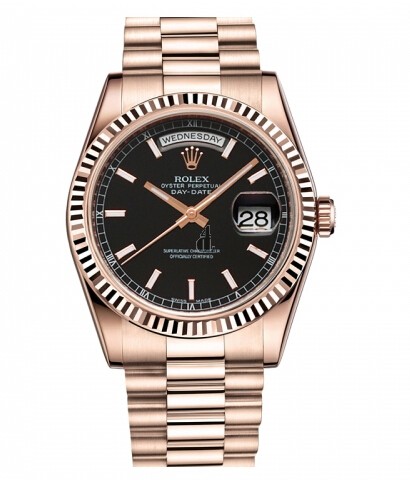 Fake Rolex Day Date Pink Gold Black Dial 118235 BKSP.
