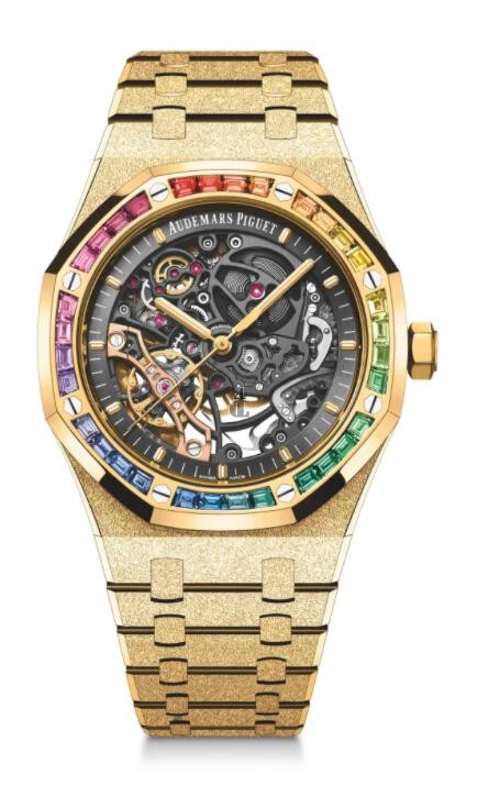 fake Audemars Piguet Royal Oak 41 Double Balance Wheel Openworked Frosted Yellow Gold Rainbow 15412BA.YG.1224BA.01