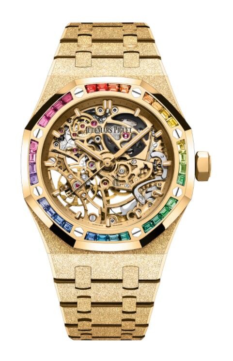 fake Audemars Piguet Royal Oak 37 Double Balance Wheel Openworked Frosted Yellow Gold Rainbow 15468BA.YG.1259BA.01