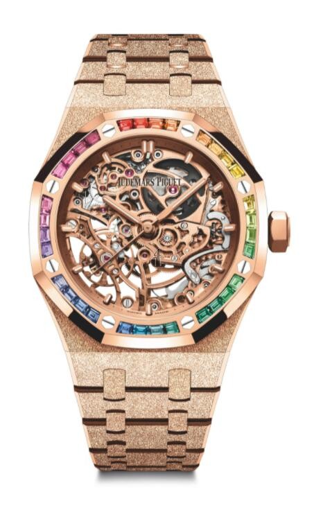 fake Audemars Piguet Royal Oak 37 Double Balance Wheel Openworked Frosted Pink Gold Rainbow 15468OR.YG.1259OR.01