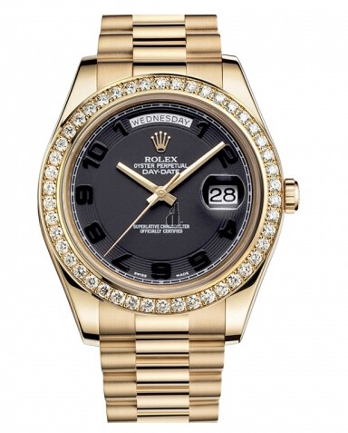 Fake Rolex Day Date II President Yellow Gold Black concentric dial 218348 BKCAP.
