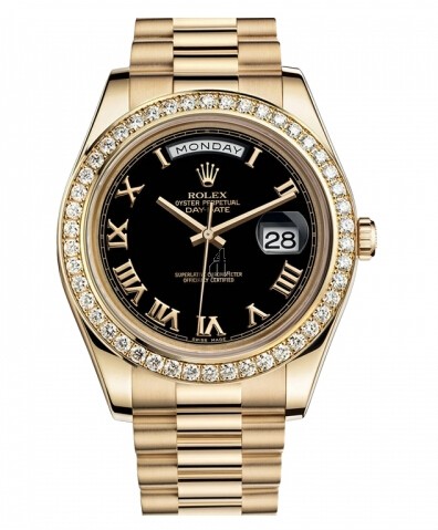 Fake Rolex Day Date II President Yellow Gold Black dial 218348 BKRP.