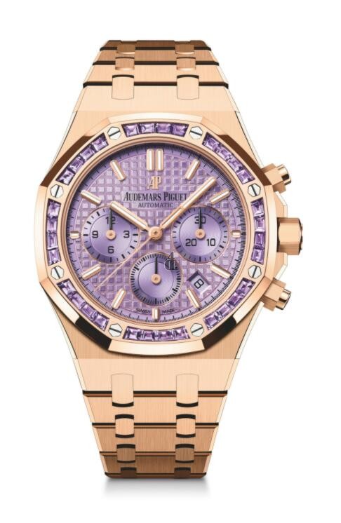 fake Audemars Piguet Royal Oak Chronograph Frosted Rose Gold Purple Index 34mm Bracelet 26319OR.AY.1256OR.01