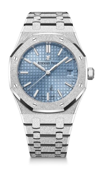 fake Audemars Piguet Royal Oak Selfwinding 34 Frosted White Gold Blue 77353BC.GG.1263BC.01