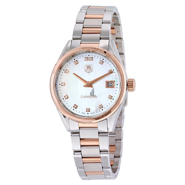 Tag Heuer Carrera White Mother of Pearl Dial Wesselton Diamonds Stainless Steel Ladies Watch WAR1352.BD0779 fake.