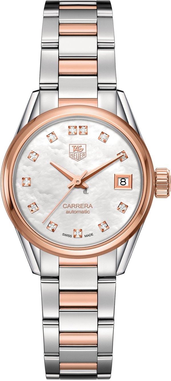 Tag Heuer Carrera Mother of Pearl Diamond Steel and 18K Rose Gold Ladies Watch WAR2452.BD0777 fake.