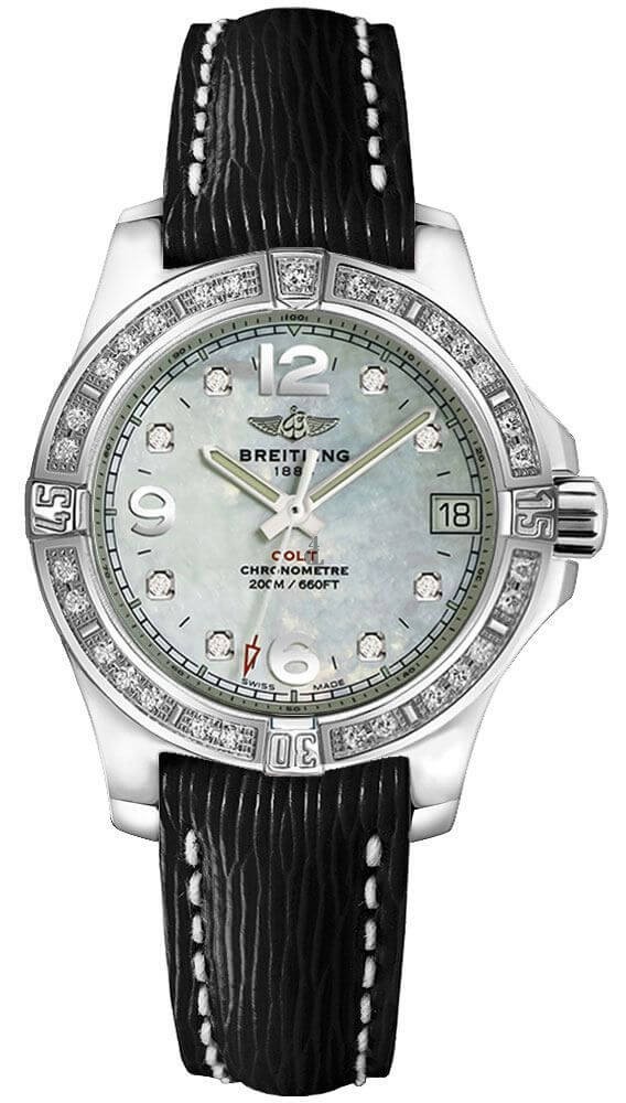 Breitling Colt Lady Mother of Pearl Diamond Dial Black Leather Strap Women's Watch A7738853/A769/208X/A14BA.1 replica