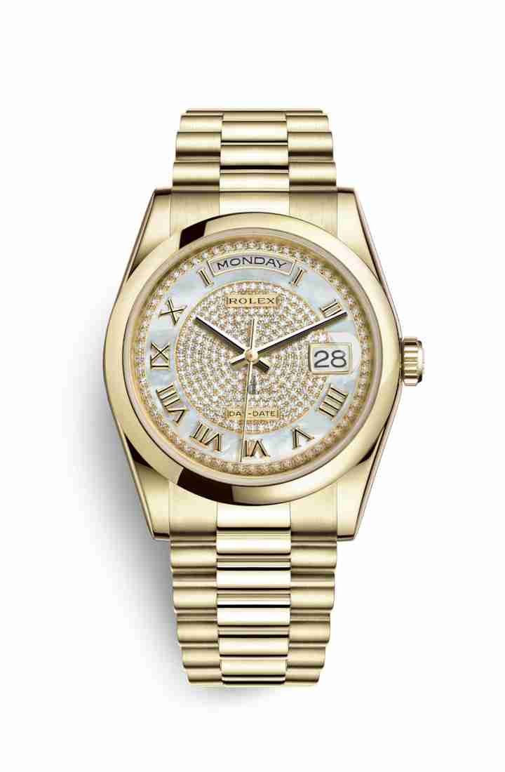 Rolex Day-Date 36 yellow gold 118208 White mother-of-pearl diamond paved Dial