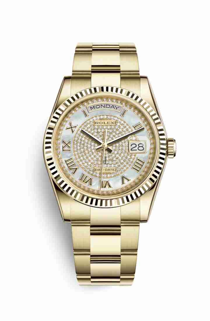 Rolex Day-Date 36 yellow gold 118238 White mother-of-pearl diamond paved Dial