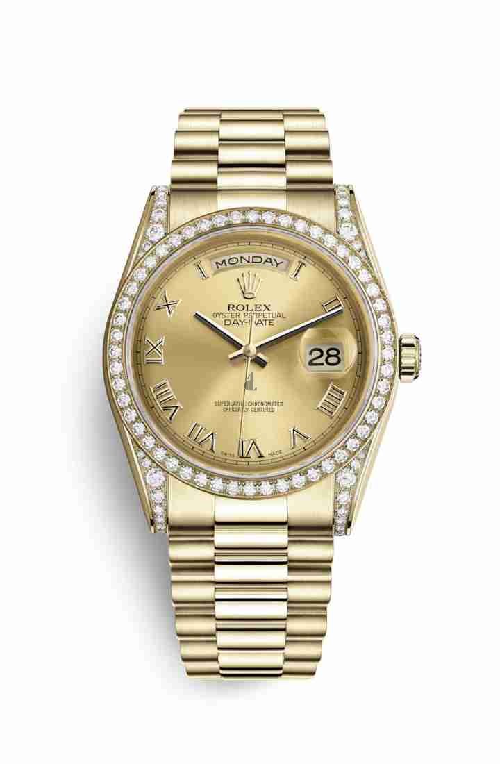 Rolex Day-Date 36 yellow gold lugs set diamonds 118388 Champagne-colour Dial