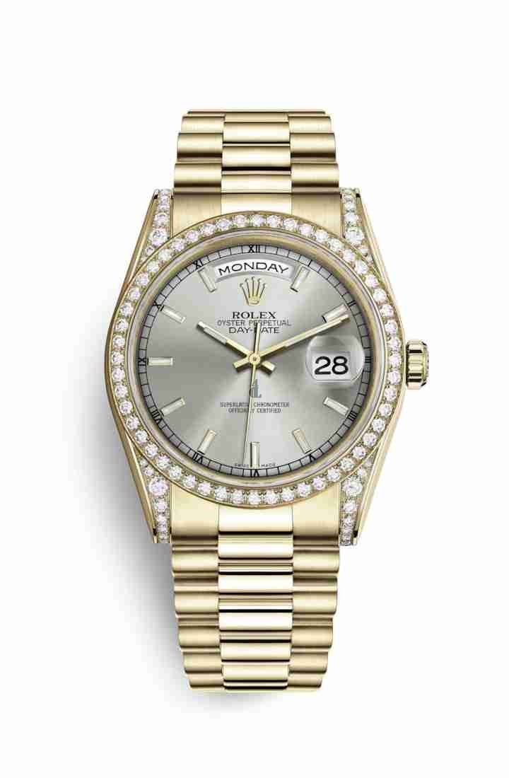 Rolex Day-Date 36 yellow gold lugs set diamonds 118388 Silver Dial