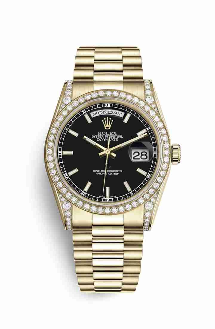 Rolex Day-Date 36 yellow gold lugs set diamonds 118388 Black Dial