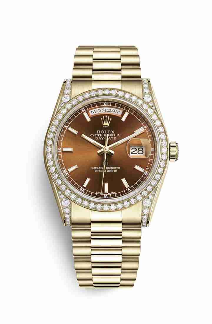 Rolex Day-Date 36 yellow gold lugs set diamonds 118388 Cognac Dial