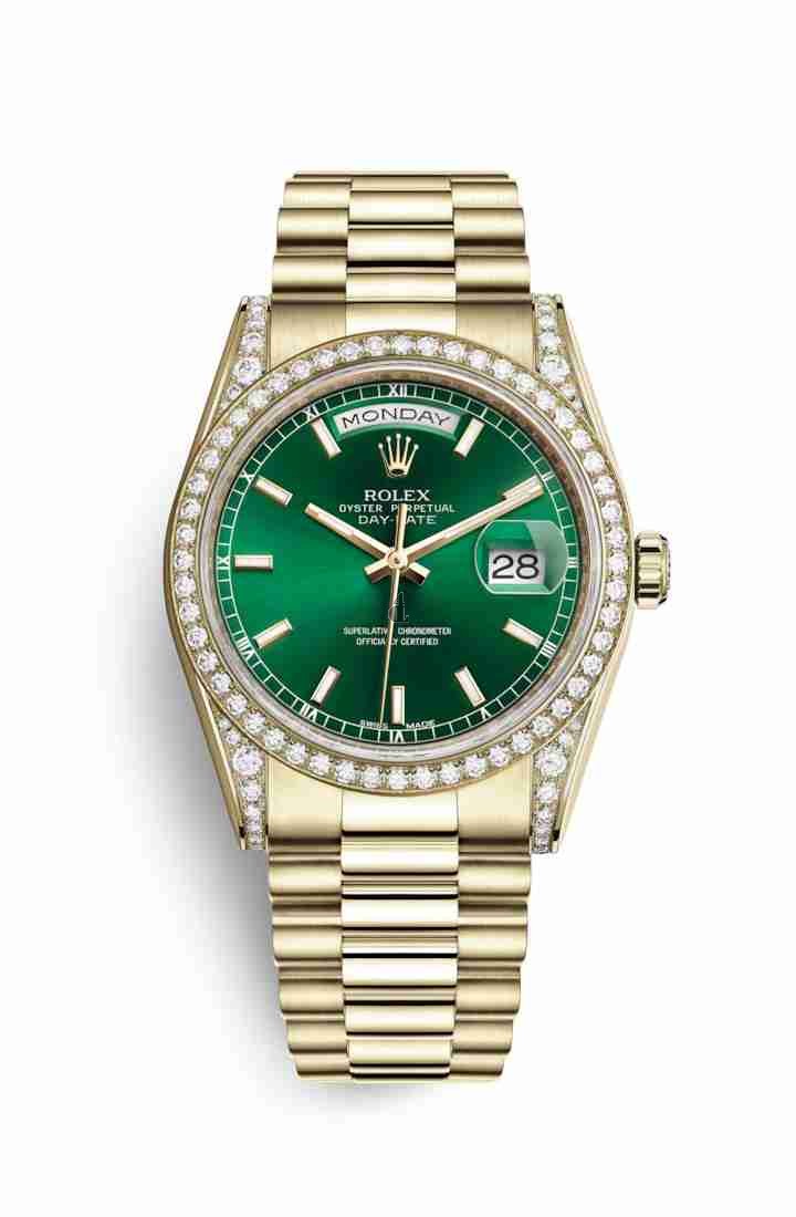 Rolex Day-Date 36 yellow gold lugs set diamonds 118388 Green Dial