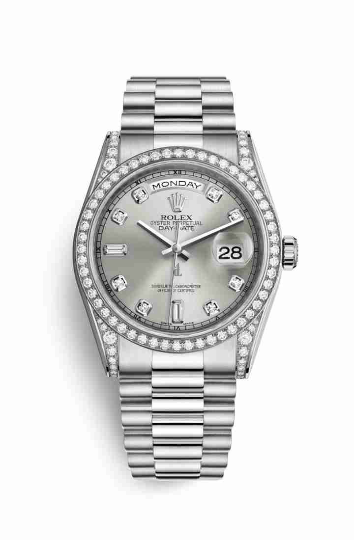 Rolex Day-Date 36 white gold lugs set diamonds 118389 Silver set diamonds Dial