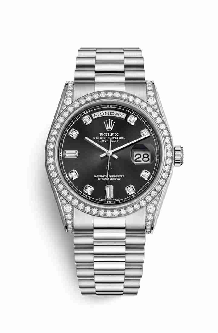 Rolex Day-Date 36 white gold lugs set diamonds 118389 Black set diamonds Dial