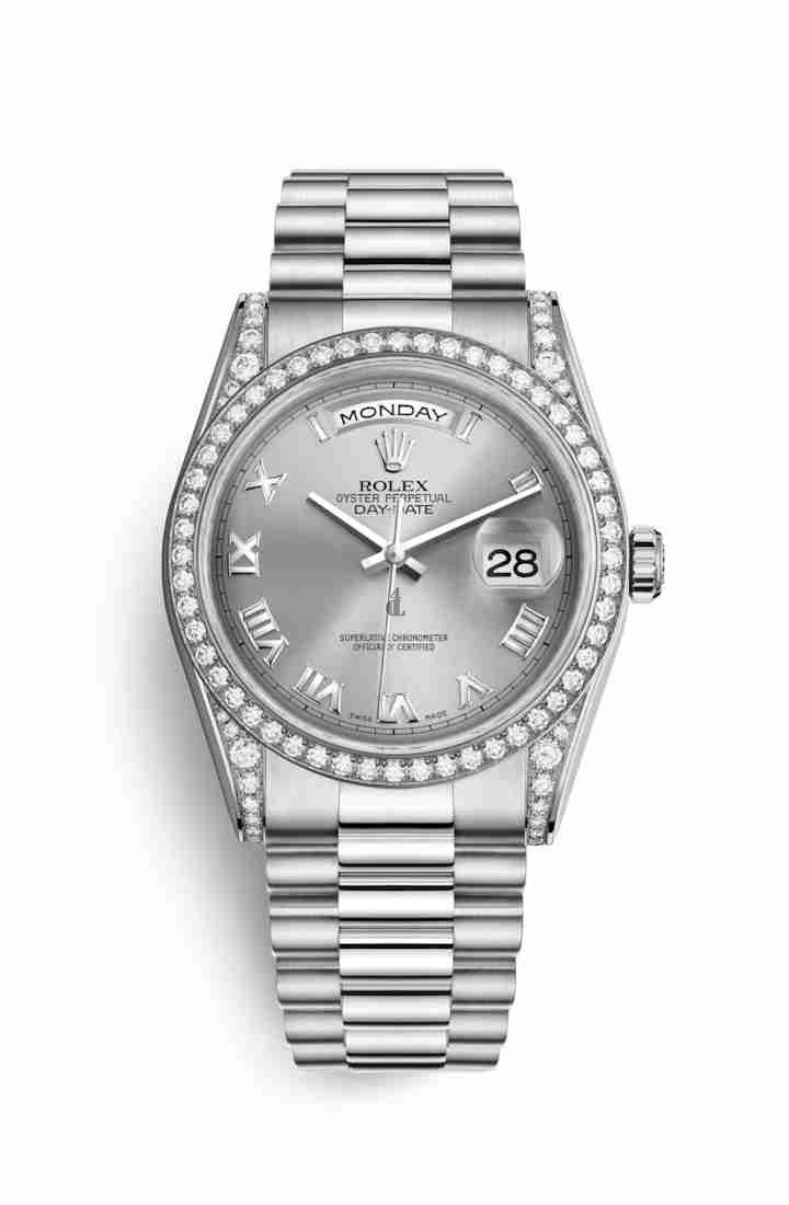 Rolex Day-Date 36 white gold lugs set diamonds 118389 Rhodium Dial