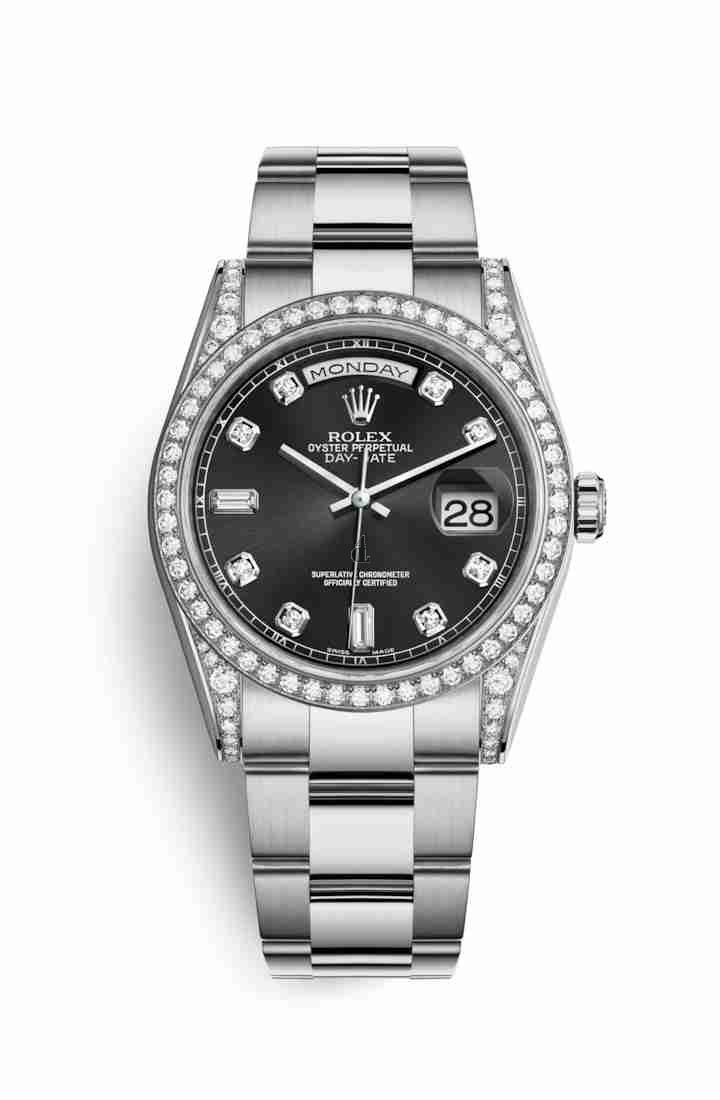 Rolex Day-Date 36 white gold lugs set diamonds 118389 Black set diamonds Dial