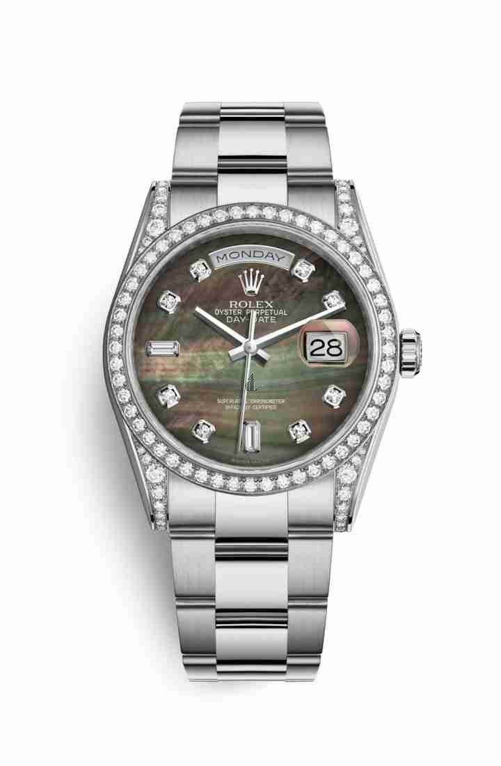 Rolex Day-Date 36 white gold lugs set diamonds 118389 Black mother-of-pearl set diamonds Dial