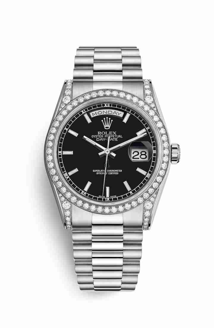 Rolex Day-Date 36 white gold lugs set diamonds 118389 Black Dial