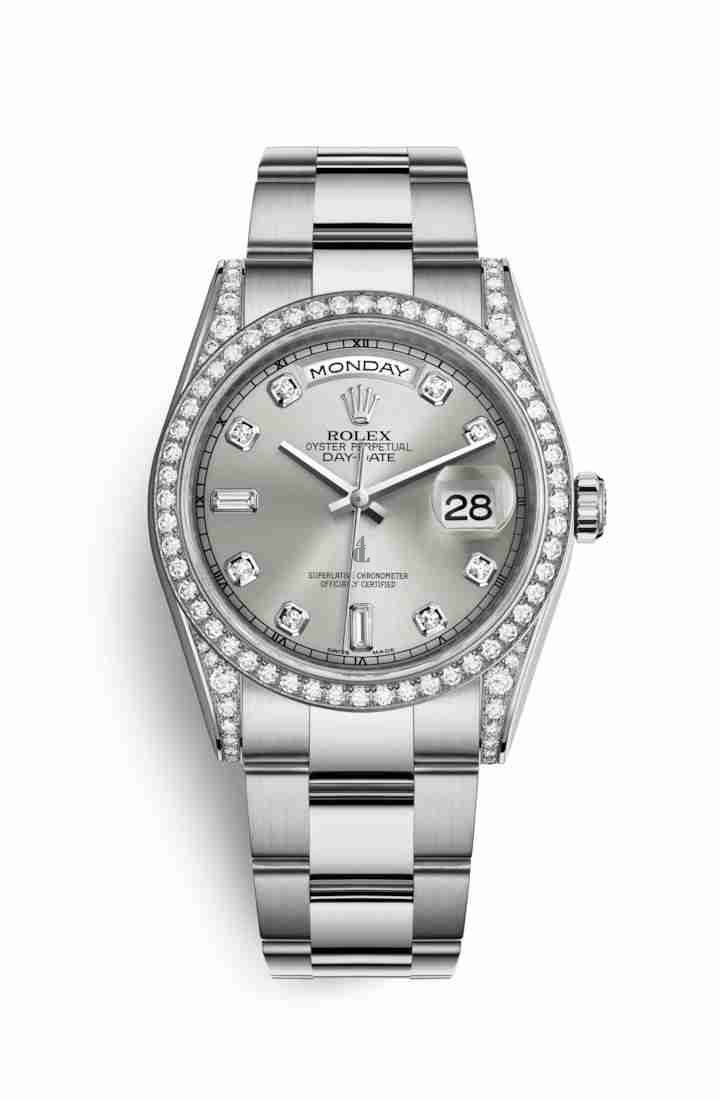 Rolex Day-Date 36 white gold lugs set diamonds 118389 Silver set diamonds Dial