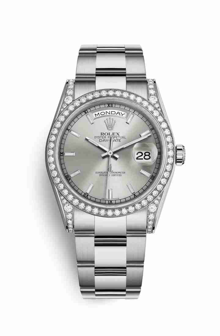 Rolex Day-Date 36 white gold lugs set diamonds 118389 Silver Dial