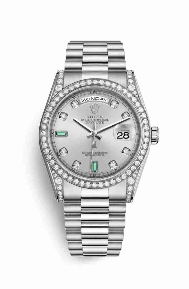 Rolex Day-Date 36 white gold lugs set diamonds 118389 Rhodium set diamonds emeralds Dial
