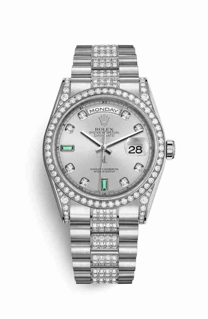 Rolex Day-Date 36 white gold lugs set diamonds 118389 Rhodium set diamonds emeralds Dial