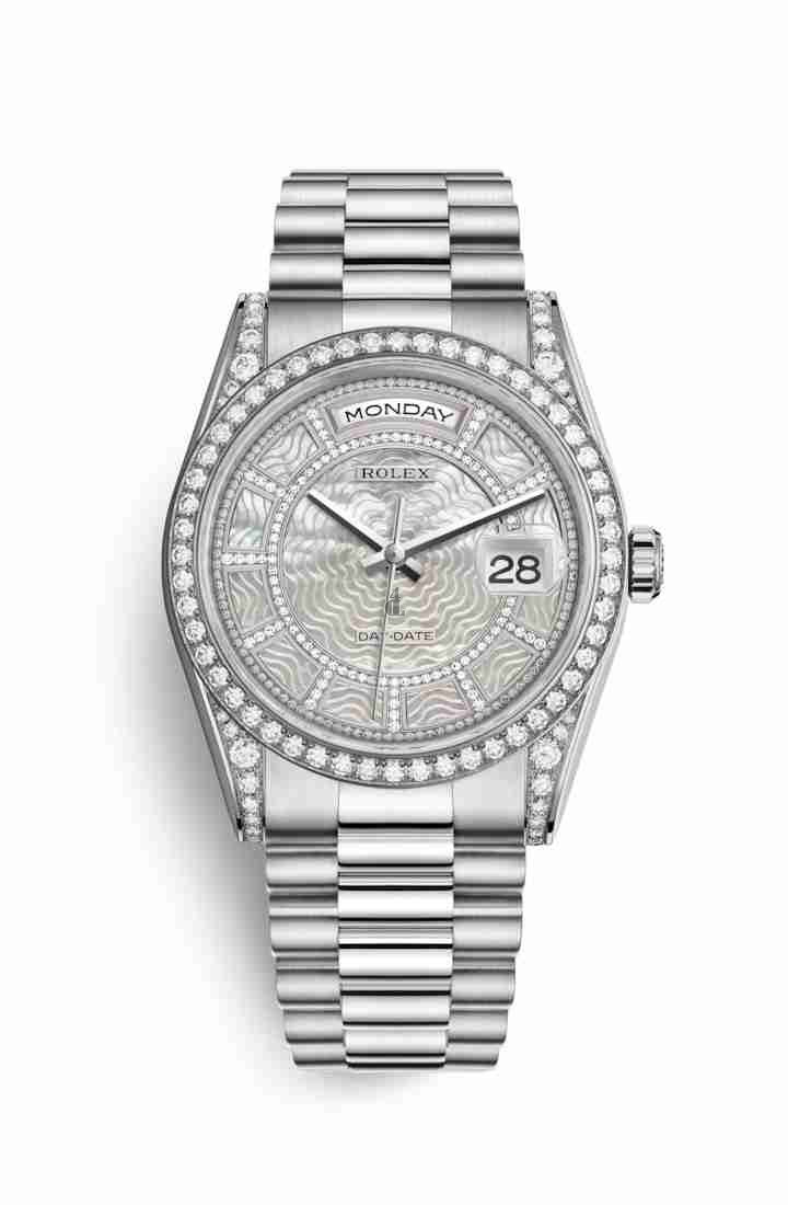 Rolex Day-Date 36 white gold lugs set diamonds 118389 Carousel of white mother-of-pearl Dial