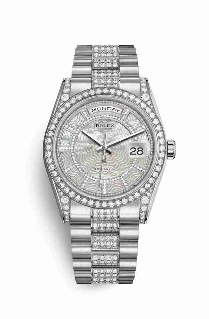 Rolex Day-Date 36 white gold lugs set diamonds 118389 Carousel of white mother-of-pearl Dial