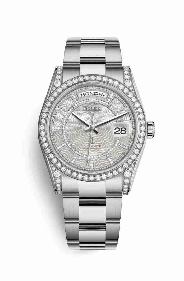 Rolex Day-Date 36 white gold lugs set diamonds 118389 Carousel of white mother-of-pearl Dial