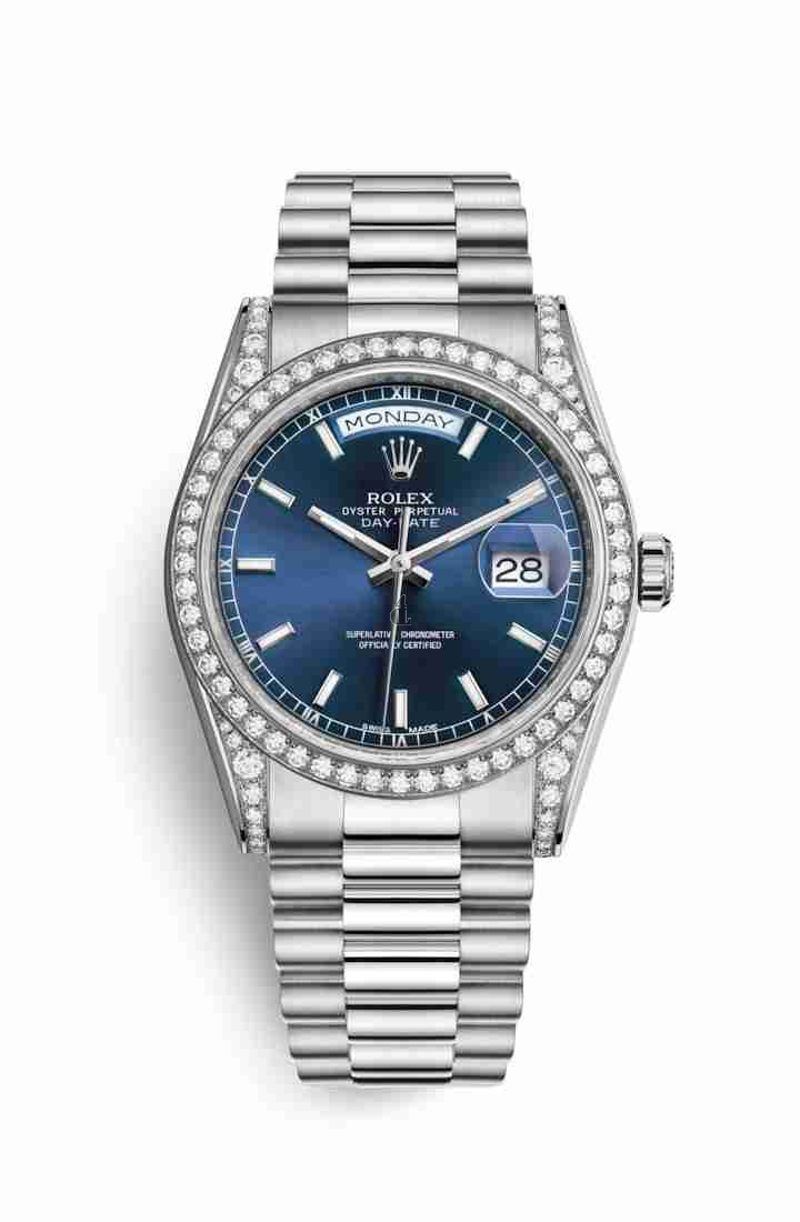 Rolex Day-Date 36 white gold lugs set diamonds 118389 Blue Dial