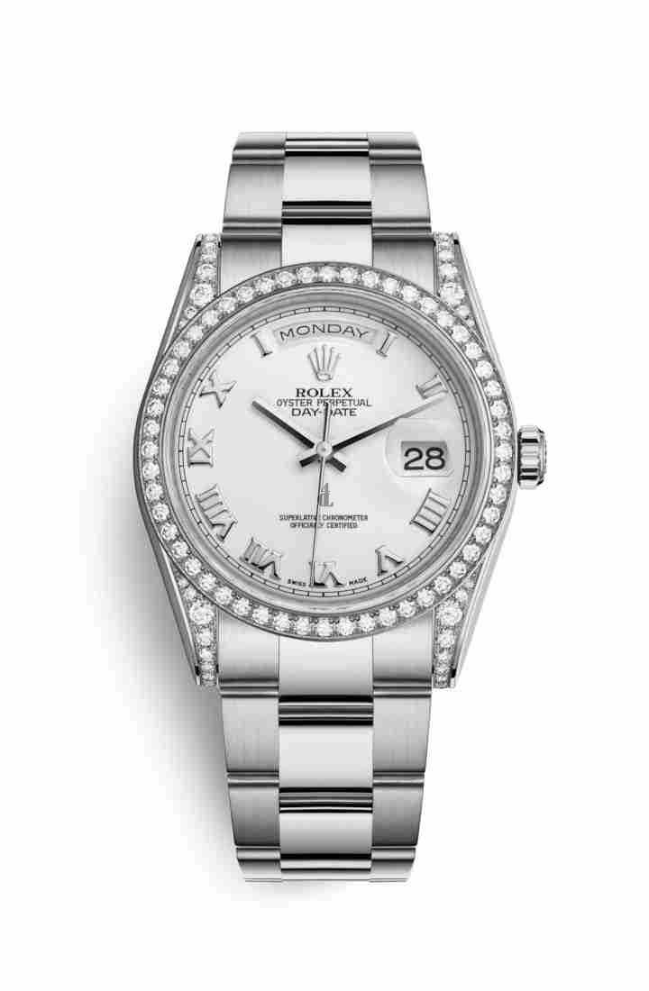 Rolex Day-Date 36 white gold lugs set diamonds 118389 White Dial