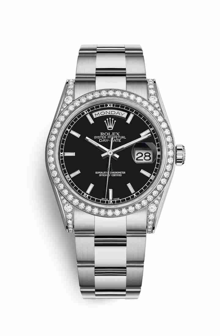 Rolex Day-Date 36 white gold lugs set diamonds 118389 Black Dial