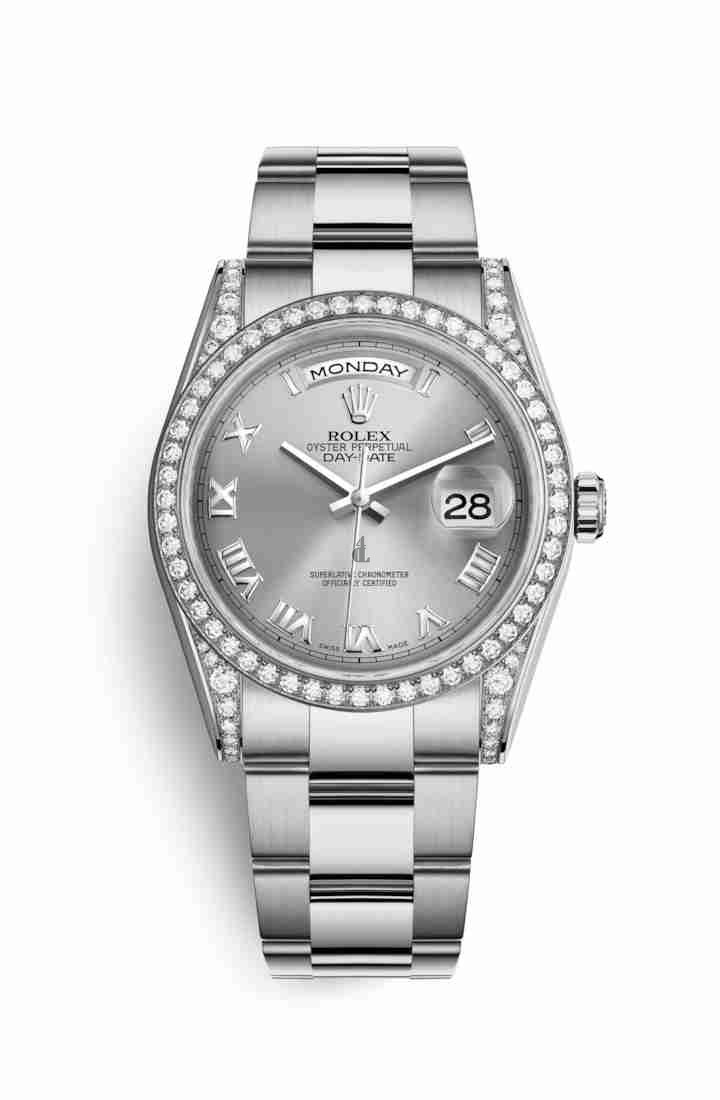 Rolex Day-Date 36 white gold lugs set diamonds 118389 Rhodium Dial