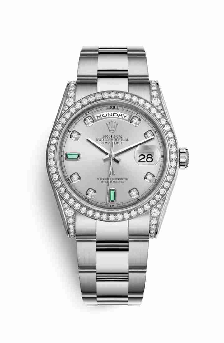Rolex Day-Date 36 white gold lugs set diamonds 118389 Rhodium set diamonds emeralds Dial