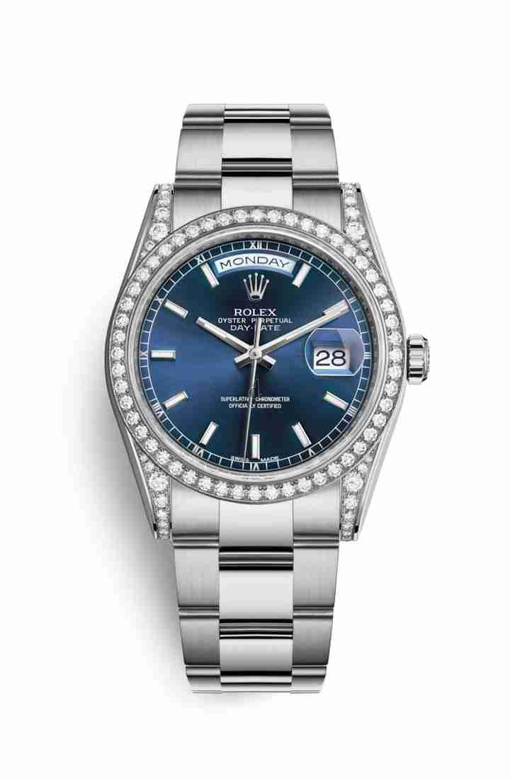 Rolex Day-Date 36 white gold lugs set diamonds 118389 Blue Dial