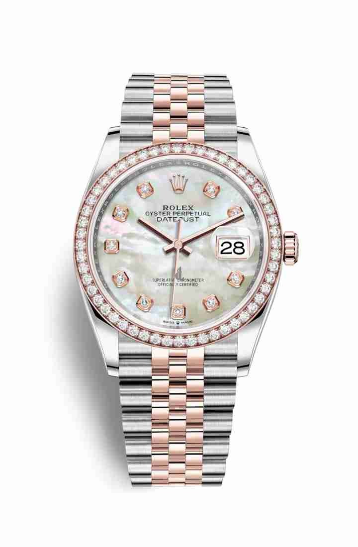Rolex Datejust 36 Everose Rolesor Oystersteel Everose gold 126281RBR White mother-of-pearl set diamonds Dial