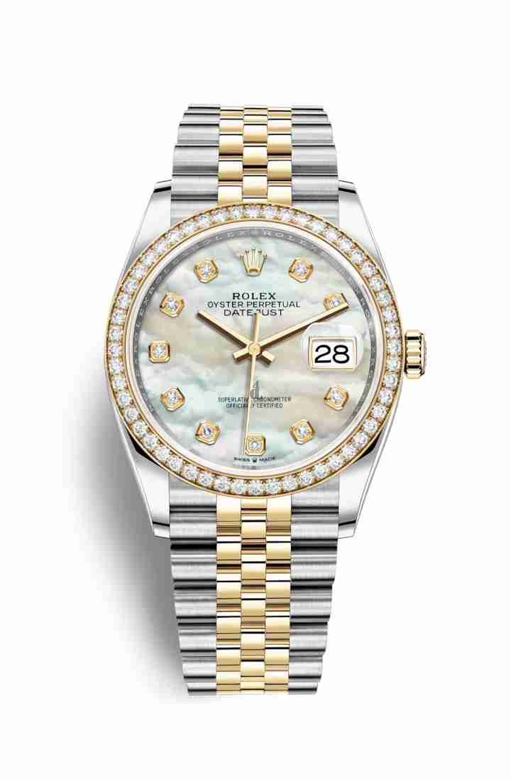 Rolex Datejust 36 Yellow Rolesor Oystersteel yellow gold 126283RBR White mother-of-pearl set diamonds Dial