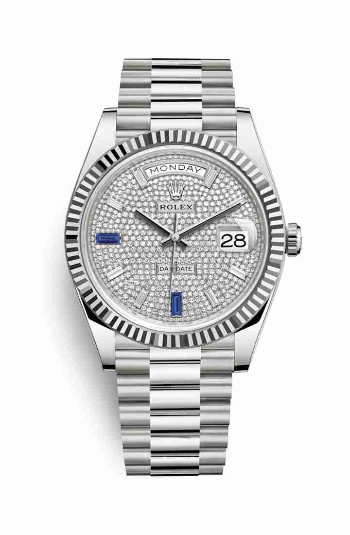 Rolex Day-Date 40 white gold 228239 Paved diamonds sapphires Dial
