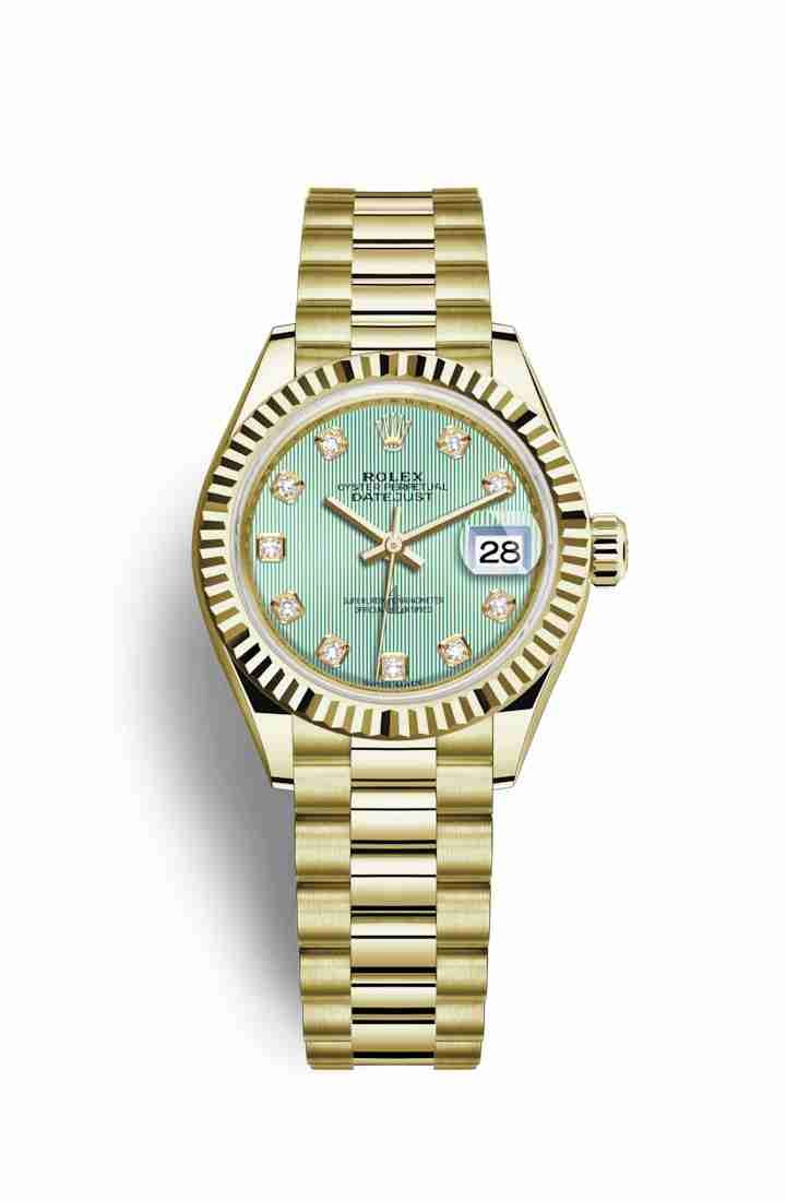 Rolex Datejust 28 yellow gold 279178 Mint green set diamonds Dial