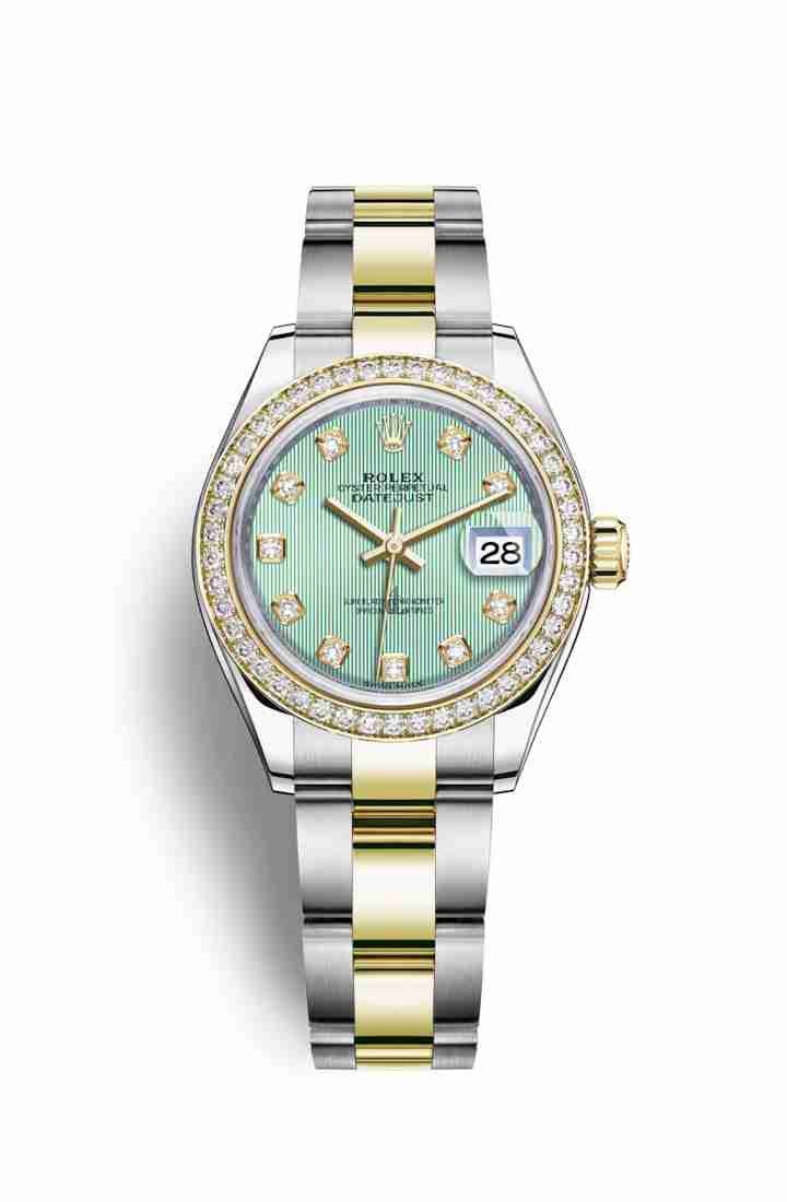 Rolex Datejust 28 Yellow Rolesor Oystersteel yellow gold 279383RBR Mint green set diamonds Dial