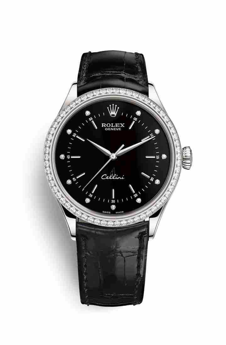 Rolex Cellini Time white gold 50709RBR Black set diamonds Dial