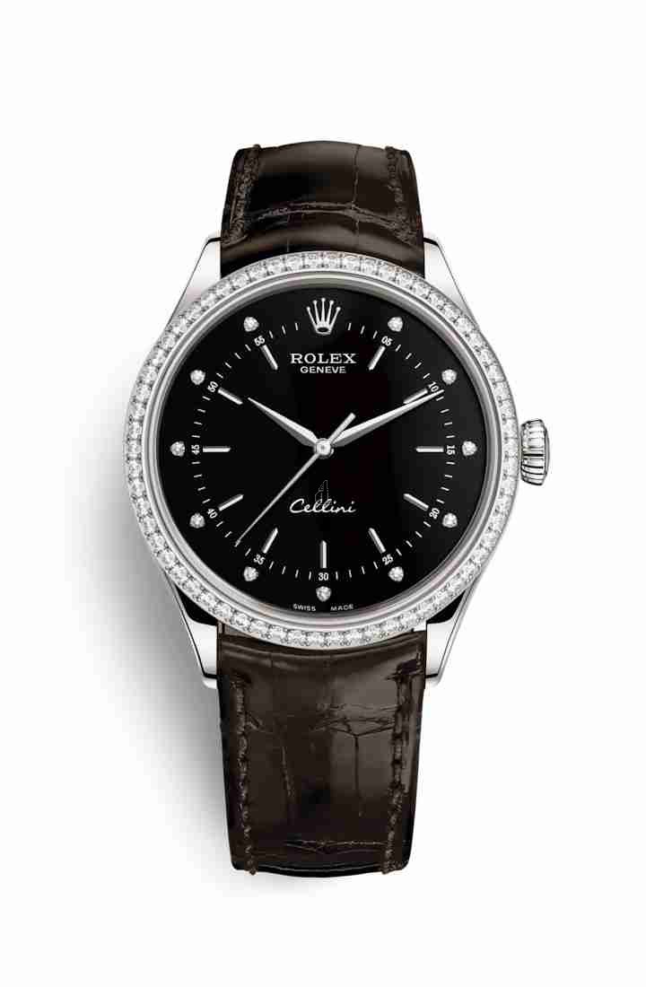 Rolex Cellini Time white gold 50709RBR Black set diamonds Dial