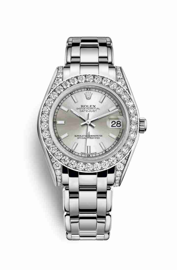 Rolex Pearlmaster 34 white gold lugs set diamonds 81159 Silver Dial